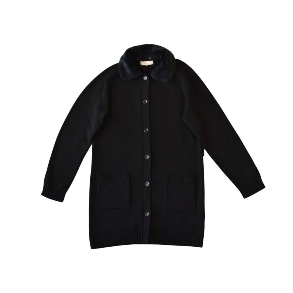 Vintage 90s Black Knit Long Cardigan With Faux Fur Collar - Medium